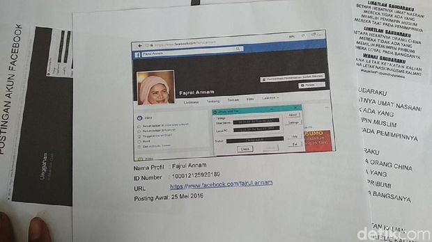 Screenshot akun FB Hazbullah 'Fajrul Annam' yang memakai foto Iriana untuk menyebar fitnah dan kebencian