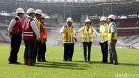 Sri Mulyani mengecek rumput zoysia matrella yang sudah tumbuh rata dan menghijau di atas lapangan SUGBK.