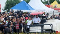 Menteri Pertanian Amran Sulaiman bersama Ketua Umum Himpunan Kerukunan Tani Indonesia (HKTI), Jenderal TNI (Purn) Moeldoko, memanen padi dengan menggunakan mesin di lahan pertanian Desa Karang Layung, Kecamatan Sukra, Kabupaten Indramayu, Jawa Barat, Kamis (23/11). Foto: dok. Kementan RI