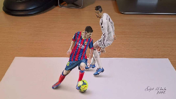 Pelukis gambar 3D antara Ronaldo vs Messi di atas adalah Nikola Culjic, seniman lukis asal Serbia. (Foto: Nikola Culjic)