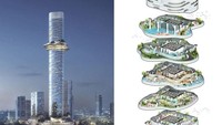 Bangunan tersebut menjulang, bukan hanya karena ketinggiannya tapi juga bentuk teras observasi Sky Forest yang keluar dari bagian gedung seperti rangkaian bentuk teras amuba. Istimewa/Inhabitat.