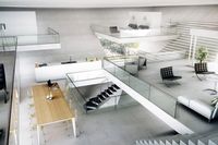 Piramida terbalik dilengkapi kamar, ruang tamu, dan dapur. (ignant.com)