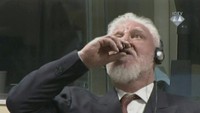 Rekaman dari video dari Pengadilan Pidana Internasional untuk Bekas Yugoslavia (ICTY) menggambarkan adegan di mana Praljak tengah memiringkan kepalanya ke belakang sambil menenggak sebuah minuman dari botol kaca kecil. Hal itu dilakukan Praljak saat hakim sedang membacakan vonis tersebut. ICTY via REUTERS TV.