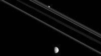 Meski Mimas dan Pandora yang ditunjukkan di sini mengorbit Saturnus, mereka adalah bulan yang sangat berbeda. Pandora, kecil menurut standar bulan (50 mil atau 81 kilometer) memanjang dan tidak beraturan. Mimas (246 mil atau 396 kilometer), sebuah medium berukuran bulan, terbentuk menjadi bola karena gravitasi diri dipaksakan oleh massa yang lebih tinggi. (Foto: Dok. NASA)