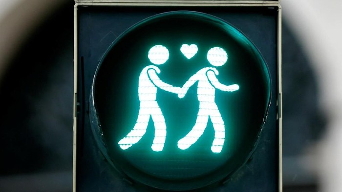 A gay-themed traffic light is pictured in Vienna, Austria, December 5, 2017. REUTERS/Leonhard Foeger