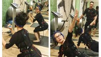 Latihan fisik dengan teknologi Electrical Muscle Stimulation (EMS) menggunakan alat Miha Bodytec juga menjadi hobi chef berusia 37 tahun ini. Foto : Instagram @rinrinmarinka