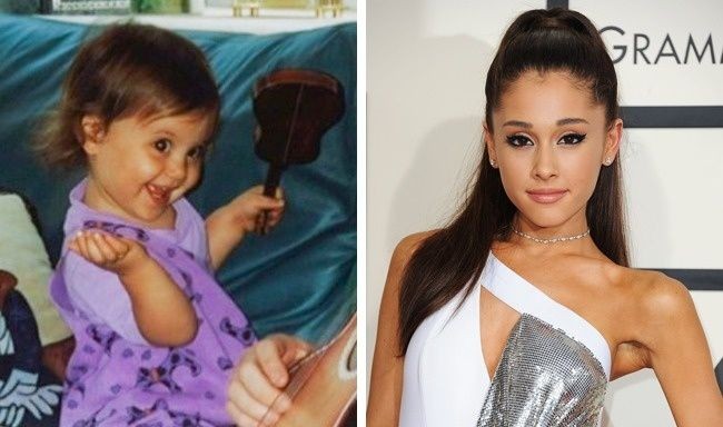 Ariana Grande memulai karirnya di musikal 13 di Broadway. Ia kemudian memerankan Cat Valentine di serial televisi Nickelodeon Victorious pada 2009. Kini ia lebih fokus ke karier musiknya. Saat kecil, tergambar senyum lucunya menggenggam gitar mainan. Kini Ariana yang meraih 10 besar di Billboard Hot 100 dalam debutnya, berambut pirang panjang dengan tumbuh ramping kecilnya. Foto: Instagram, Getty Images.