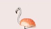Dari kejauhan terlihat gambar flamingo yang cantik, tapi saat didekati bagian tubuhnya ternyata sushi dengan potongan salmon segar. Foto: Diego Cusano