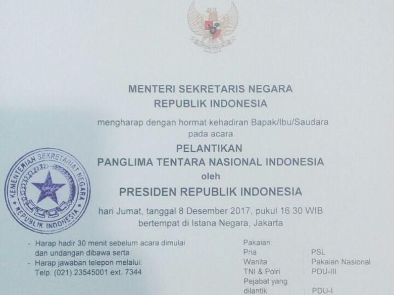 Ini Undangan Pelantikan Marsekal Hadi Sebagai Panglima TNI Ini Undangan Pelantikan Marsekal Hadi Sebagai Panglima TNI
