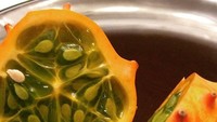 Kiwano adalah buah asli Afrika dengan rasa mirip paduan zucchini, mentimun, dan kiwi. Buah berwarna oranye ini tampak eksotik karena memiliki bagian runcing di kulitnya. Jika dibuka, tekstur daging buah yang mirip jelly akan terlihat. Kiwano mengandung Vitamin C tinggi. Foto: Istimewa