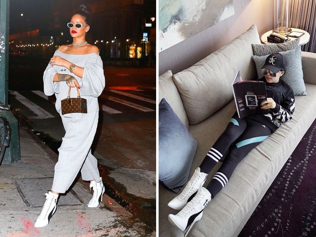 Rihanna membuat padanan feminin antara atasan off-the-shoulder dan celana pleats tampil lebih sporty dengan boots dari labelnya bersama Puma, Fenty. Di lain sisi, Syahrini memakai boots yang sama dengan padanan yang lebih sporty seperti sweatshirt dari brand Off-White. Foto: Instagram