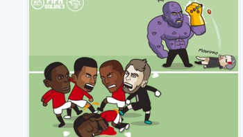 Lukaku dikeroyok teman setim. Sementara Mourinho dipukul KO oleh Pep Guardiola bak Thanos di Avengers: Infinity War. Foto: Screenshot Twitter