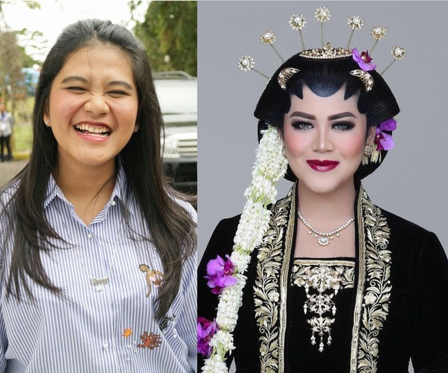 Kahiyang Ayu jarang tampil dengan full makeup, namun seketika penampilan putri presiden Joko Widodo ini manglingi saat menjadi pengantin. Lihat perbedaan penampilannya ketika tanpa dan dengan makeup.  Foto: dok. Instagram