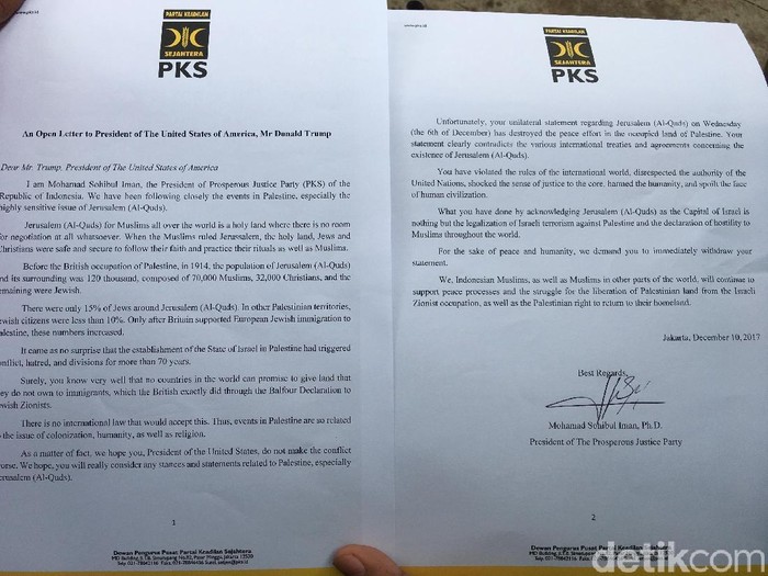 Ini Isi Surat Terbuka PKS soal Yerusalem yang Dikirim ke Trump