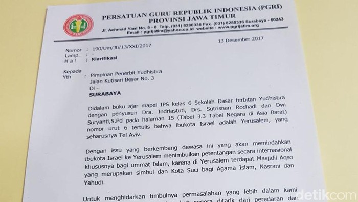 PGRI Protes Isi Buku SD Sebut Ibu Kota Israel di Yerusalem