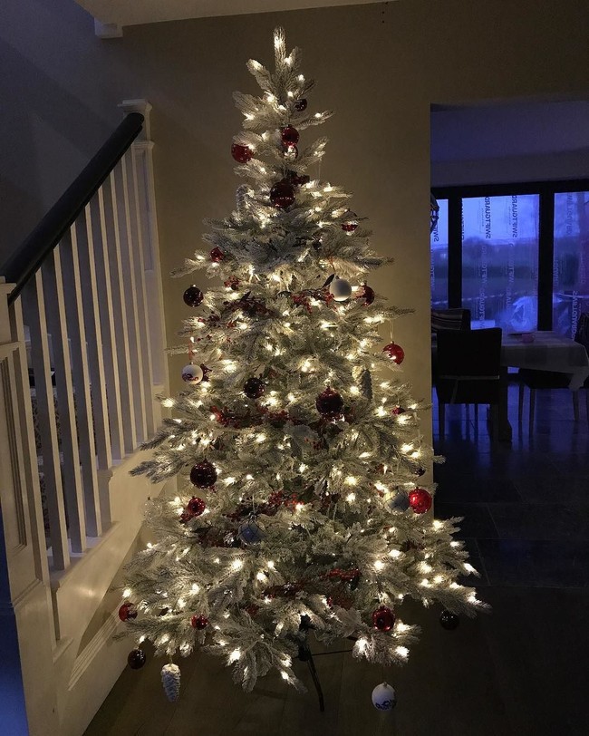 Emma Willis memilih pohon Natal berwarna putih yang dihiasi bola-bola warna merah. Foto: Instagram