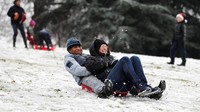 Orang-orang meluncur di atas salju di Greenwich Park, London. 10 Desember 2017 (Foto: Dok. REUTERS/Simon Dawson)