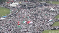 Ribuan orang  mengikuti aksi bela Palestina di kawasan Monas, Jakarta, Minggu (17/12/2017). Beginilah penampakan massa yang mengikuti aksi bela Palestina dilihat dari salah satu puncak gedung di Jalan Medan Merdeka Selatan.