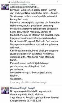 Screenshot Facebook Messenger yang menyebut Habib Rizieq berutang saat umrah