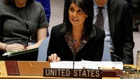 Nikki Haley saat menyampaikan pernyataan di sidang PBB.