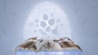Ruang bernama Monstera di Icehotel yang memiliki desain berupa siluet daun. Lucu dan sangat menarik ya konsepnya (IceHotel)