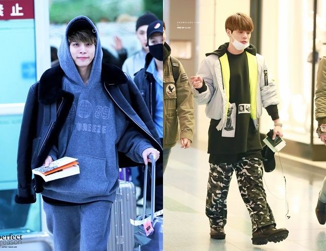 Gaya busana Jonghyun di bandara pun tak kalah edgy. Seperti hoodie yang ia padankan dengan jaket, atau oversized T-shirt dipadukan celana army. Foto: istimewa