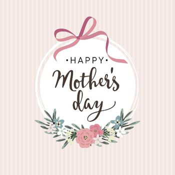 Mothers day greeting card, invitation. Brush script, calligraphic design. White label with ribbon, flowers, leaves and striped background, stock vector illustration.