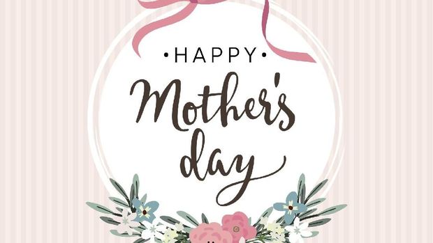 Mothers day greeting card, invitation. Brush script, calligraphic design. White label with ribbon, flowers, leaves and striped background, stock vector illustration.
