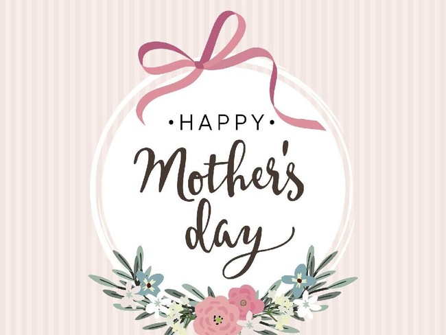 Mothers day greeting card, invitation. Brush script, calligraphic design. White label with ribbon, flowers, leaves and striped background, stock vector illustration.