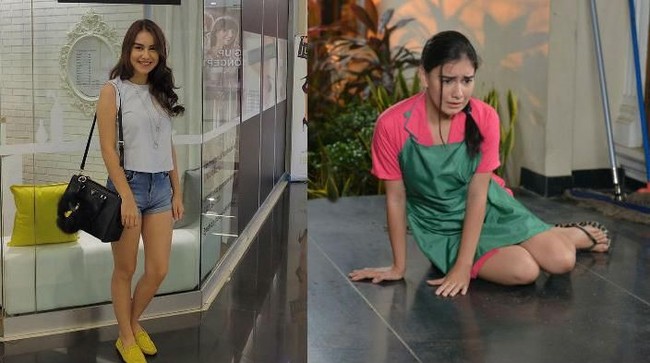 Irish Bella tampil sederhana di sinetron Anugerah Cinta karena dia berperan sebagai pembantu rumah tangga. Sementara di kehidupan nyata, Irish yang berusia 21 tahun, tampil stylish dengan celana pendek dan atasan tanpa lengan. Foto: istimewa