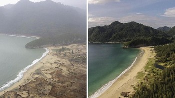 Kiri dan kanan, perbandingan 10 tahun pasca tsunami Aceh. (Foto: (kiri) Dimas Ardian dan (kanan) Ulet Ifansasti/Getty Images)