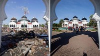Masjid Rahmatullah, sepuluh tahun pasca tsunami Aceh. Sebelah kiri, foto diambil pada 26 Desember 2004. Sebelah kanan, foto diambil pada Desember 2014. Masjid ini satu-satunya bangunan yang tetap berdiri sementara di sekelilingnya tersapu tsunami Banda Aceh, Indonesia. Getty Images