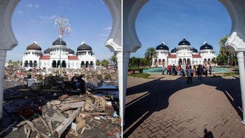 Mesjid Rahmatullah, sepuluh tahun pasca tsunami Aceh. Sebelah kiri, foto diambil pada 26 Desember 2004. Sebelah kanan, foto diambil pada Desember 2014. Mesjid ini satu-satunya bangunan yang tetap berdiri sementara di sekelilingnya tersapu tsunami  Banda Aceh, Indonesia. (Foto: (kiri) Dimas Ardian dan (kanan) Ulet Ifansasti/Getty Images)