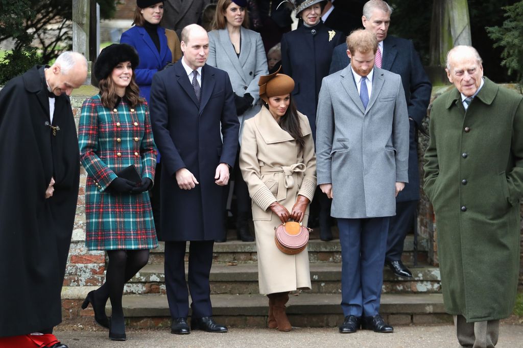KING'S LYNN, ENGLAND - DECEMBER 25:  Prince Charles, Prince of Wales, Camilla, Duchess of Cornwall, Queen Elizabeth II, Prince Philip, Duke of Edinburgh, Meghan Markle and Prince Harry attend Christmas Day Church service at Church of St Mary Magdalene on December 25, 2017 in King's Lynn, England.  (Photo by Chris Jackson/Getty Images)