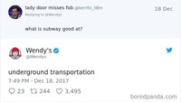 Netizen bertanya apa yang enak di gerai Subway. Tapi Wendy’s malah menjawab, “Transportasi bawah tanah,” yang merupakan arti sebenarnya kata Subway. Foto: Istimewa