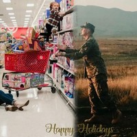 Ini merupakan kartu Natal unik yang dibuat oleh keluarga Andrea. Andrea Smith merupakan seorang tentara yang akan bertugas selama libur Natal. Sementara putri kecilnya yang masih balita merayakan Natal di rumah. Mereka pun menggabungkan foto dengan latar belakang berbeda ketika Natal. Foto: Dok. Leslie Owens