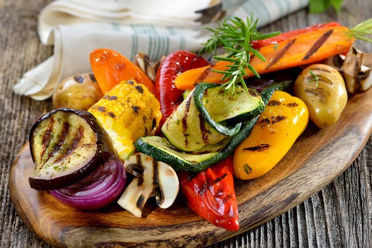 Grilled skewers of vegetatbles and various meat