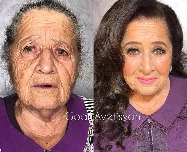 Untuk pertamakalinya dalam sembilan tahun, Goar Avetisyan berhasil membuat neneknya menjadi wanita yang lebih muda berkat makeup. Foto: Instagram Goar Avetisyan