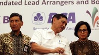 Wakil Direktur Utama BNI Herry Sidharta (kiri depan), bersama Menteri Koordinator Bidang Kemaritiman Republik Indonesia Luhut Binsar Panjaitan, dan Menteri Keuangan Republik Indonesia Sri Mulyani Indrawati, menyaksikan penandatanganan perjanjian Kredit Sindikasi Proyek Kereta Api Ringan (Light Rail Transit) Jakarta, Bogor, Depok, Bekasi oleh Direktur Bisnis Menengah BNI Putrama Wahju Setiawan (kanan depan), di Jakarta, Jumat, (29/12).