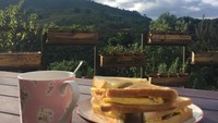 Mengawali pagi, Raisa menikmati pemandangan alam hijau ditemani roti dan secangkir kopi. Foto: Instagram raisa6690