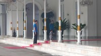 Foto; Nampak Jokowi menunjukkan Jan arah jalan yang lurus lewat karpet merah ini. Jan yang berbaju kotak-kotak hitam putih dan bersepatu putih ini berhenti sejenak di anak tangga kedua dan ketiga, barang empat detik, kemudian melangkah lagi sampai menginjak lantai utama. Fotografer: Danu Damarjati/detikcom