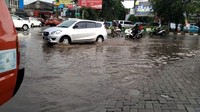 Jalan di pertigaan Komsen tergenang air cukup besar beberapa waktu lalu. Jalan menyempit sehingga macet tak terhindarkan. Foto: pasang mata
