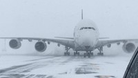 Penerbangan di bandara John F Kennedy pun ikut terganggu akibat badai salju ini. Maskapai Singapore Airlines ini harus mendarat di Bandara Internasional Stewart, New Bourhg, New York. (Foto: dok. Reuters)
