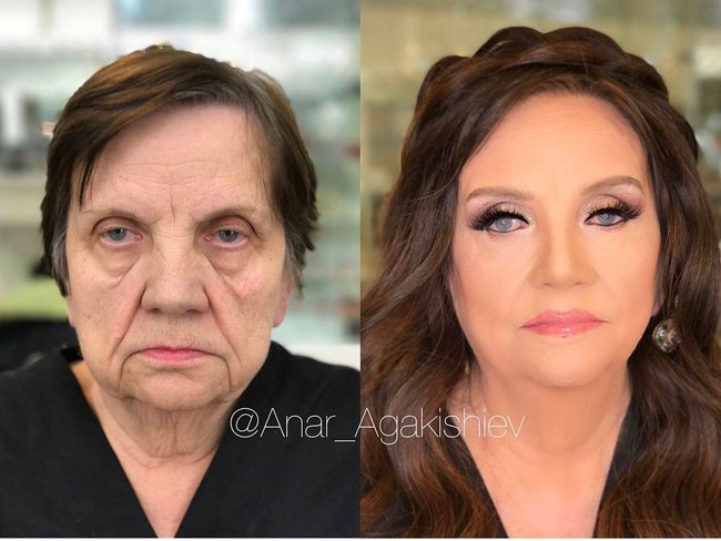 Seperti wanita berikut ini yang tampil lebih cantik setelah di-make-over Anar. Kulit kendur dan keriput tak nampak di balik makeup. Foto: Instagram Anar Agakishiev