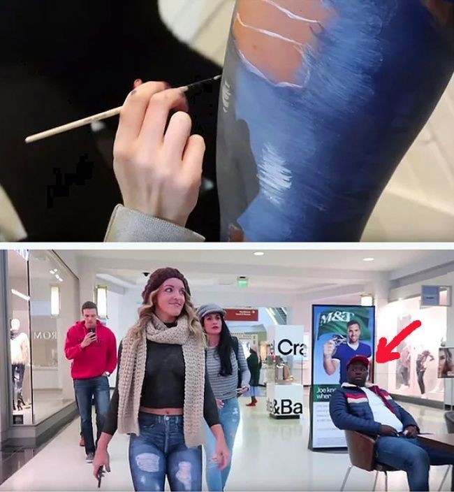 Karya Jen di foto ini sempat menjadi viral. Dia mengirim seorang model cantik berambut pirang pergi mengelilingi mal dan mengunjungi beberapa toko pakaian tanpa mengenakan busana. Dan tak ada yang menyadari kalau si model sebenarnya tanpa busana. Hal itu karena si model memakai lukisan crop top hitam dan celana jeans detail robek karya Jen. Foto: Instagram