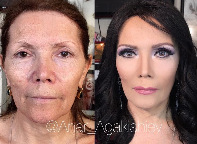 Lihat tampilan wanita berikut yang tampak sangat berbeda setelah dirias. Ketika mendadani wanita berumur, Anar memang berambisi membuat mereka lebih muda paling tidak 10 tahun. Foto: Instagram Anar Agakishiev