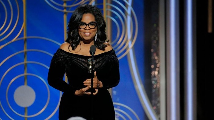 BEVERLY HILLS, CA - JANUARY 07:  In this handout photo provided by NBCUniversal, Oprah Winfrey accepts the 2018 Cecil B. DeMille Award   speaks onstage during the 75th Annual Golden Globe Awards at The Beverly Hilton Hotel on January 7, 2018 in Beverly Hills, California.  (Photo by Paul Drinkwater/NBCUniversal via Getty Images)