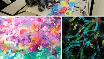 Selama hidupnya Tommy Hollenstein harus bergantung dengan kursi rodanya akibat kecelakaan sepeda gunung yang dialaminya ia pun alami patah leher. Meski demikian ia tetap bisa menghasilkan karya lukis abtrak yang keren. Foto: Bored Panda