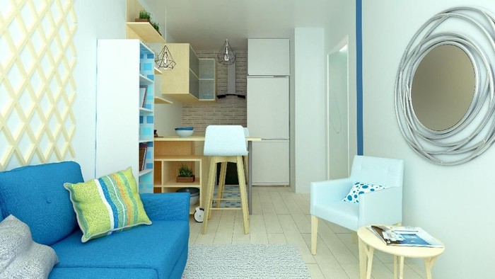 Very small modern studio flat with blue sofa, cozy kitchen  and bright details