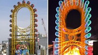 Bianglala yang dikenal sebagai Ebisu Tower, juga Dotonbori Ferris Wheel dibuat tahun 2005 dengan posisi menempel di sisi depan gedung Don Quijote di Dotonbori, Osaka, Jepang (KAZUHIRO NOGI/AFP/AFP/Getty Images)